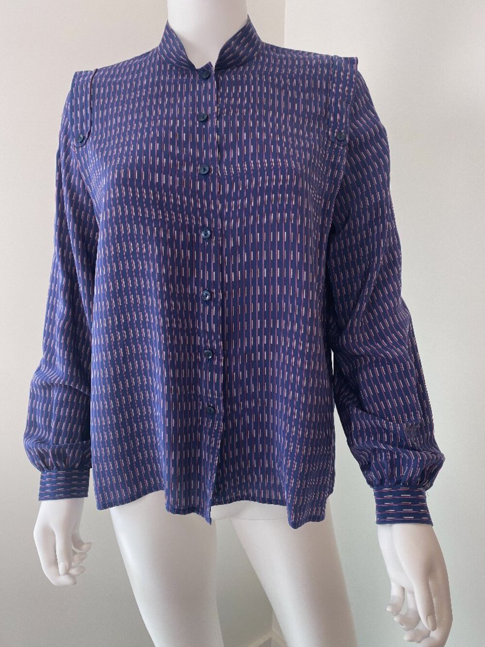 Vintage 1970s Silk Blouse Top Purple Blue Geometric Print Size 6/8